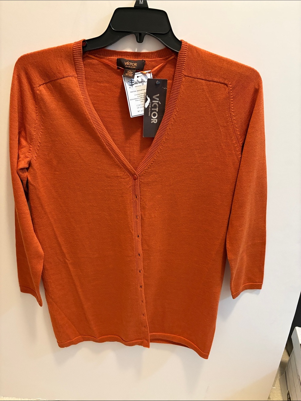 Women's Orange V-Neck Buttoned Merino Wool Cardigan